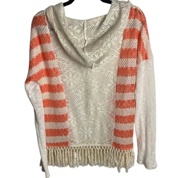 Miss Me Size Medium Stripe Knit Hooded Sweater Crochet Fringe Boho Gauze Cream - Picture 8 of 9